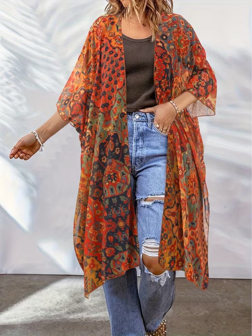 Floral Sheer Cardigan Orange Kimonos Chiffon Beach Cover-Ups Blouse Top New